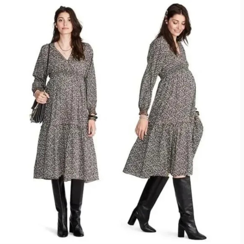 Hatch Eloise Maternity Dress Size 1 Small Black Ditsy Floral Long Sleeve…
